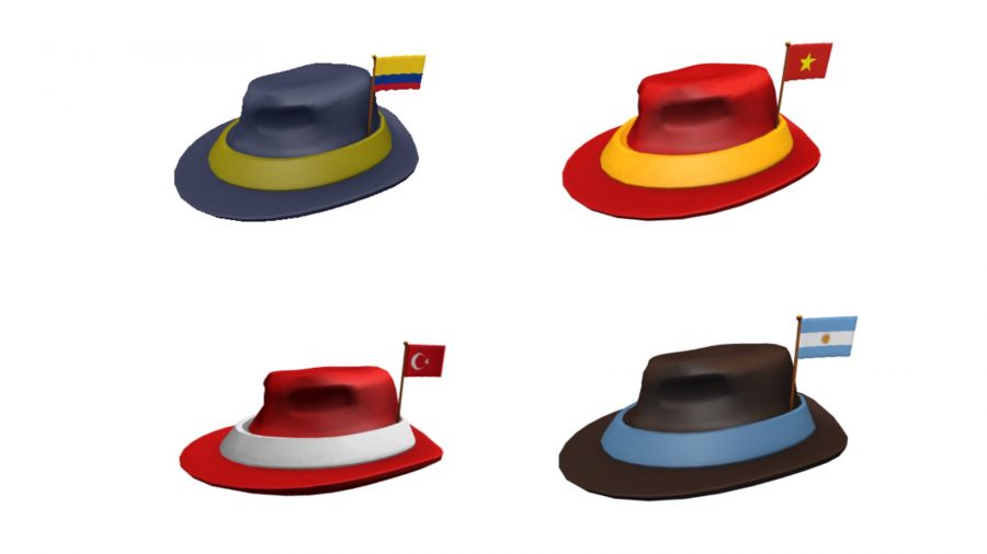 それぞれ異なる国の旗と配色の4つのフェドーラ帽