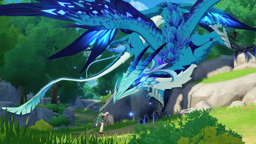 風光明媚な森の巨大な青いドラゴンと話している原神インパクトのヴェンティ