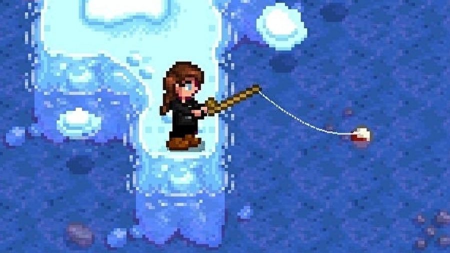 スターデューバレーのキャラクターが氷上で釣りをする