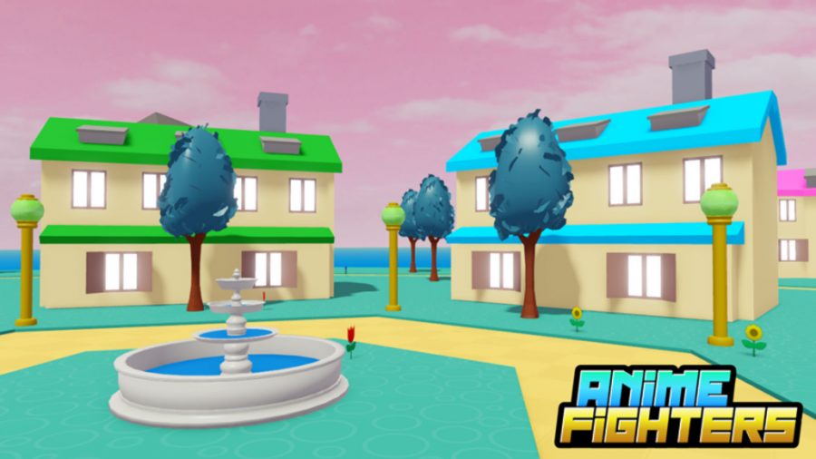 アニメファイターズコード：ピンクの空を背景にした2つの大きな家、その前に噴水があります