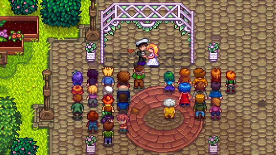 プレイヤーとNPCヘイリーの結婚式。ゲストがキスをしながら周りに立っていた。