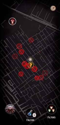 モンスターの活動を示す赤い円のある町の鳥瞰図