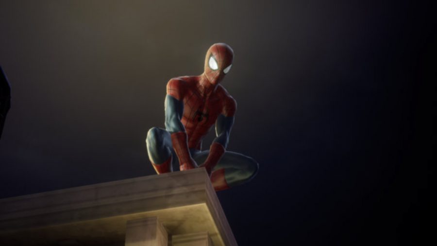 建物の端に腰掛けたスパイダーマン