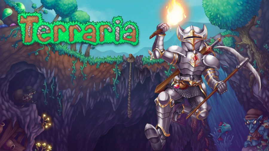洞窟を駆け抜ける騎士を示すTerrariaプロモーション画像