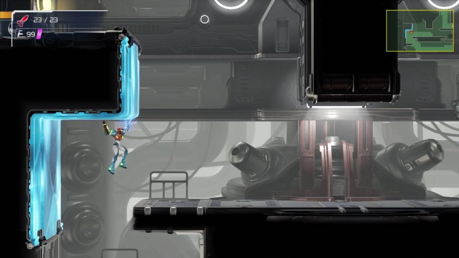 サムスはスパイダーグラップルアビリティを使用して青い天井から手を伸ばし、銃を前に伸ばします
