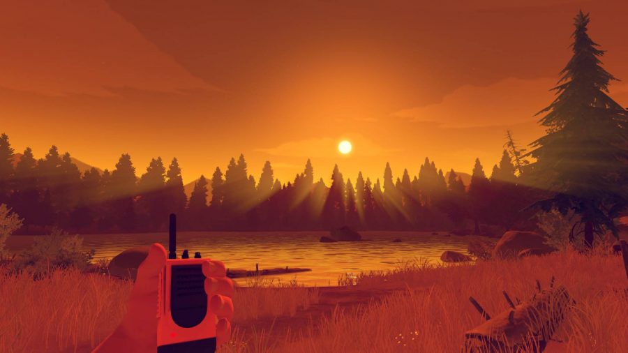 キャラクターがラジオを高く掲げ、夕日を眺め、湖とその前の木々を照らします。