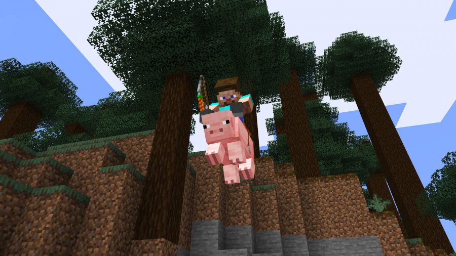 空中を豚に乗るMinecraftのキャラクター