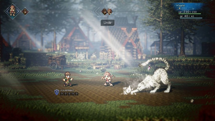 ピクセル化されたシーンでは、戦闘中の2人のキャラクターが表示され、右側の1人が大きな猫を操作しています。
