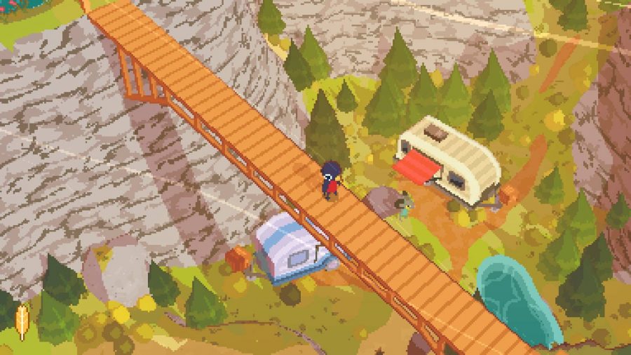 ピクセル化されたシーンは、背景に木が見える太陽に照らされたエリアの橋を渡る小さなペンギオを示しています