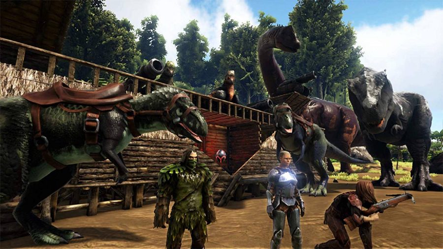 一連のキャラクターがいくつかの恐竜の前に立っています 