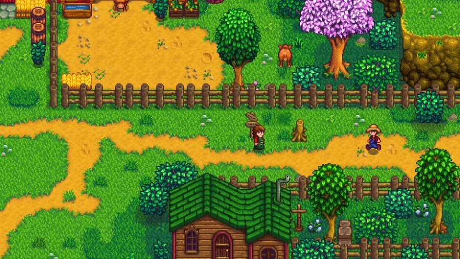 ピクセル化されたシーンは、村をさまようキャラクターを示しています 