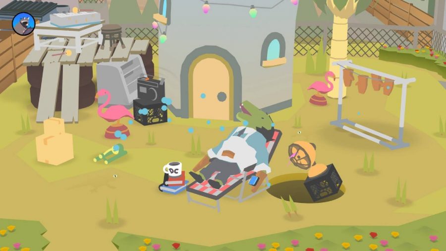 地面に穴が開いている間、キャラクターがデッキチェアで寝ています 