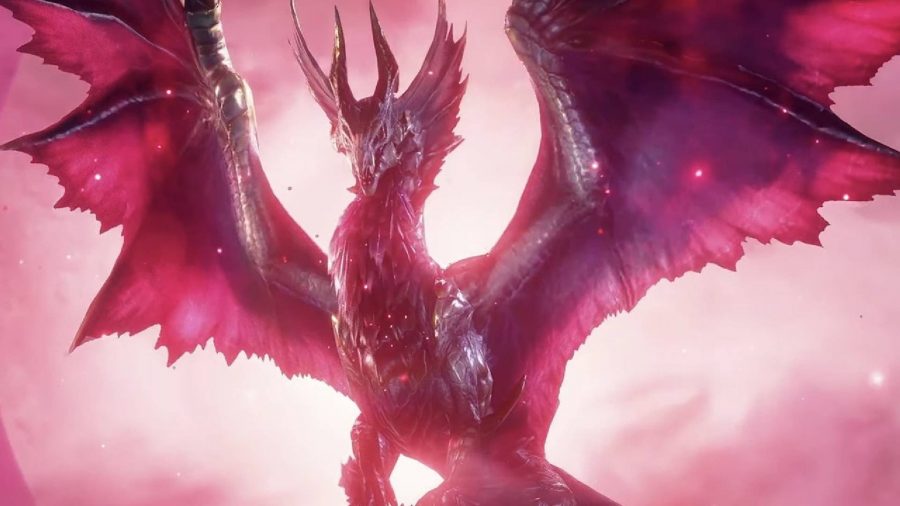 印象的な巨大なモンスターが、濃い紫と赤の背景に翼を広げます。 彼らはほとんど吸血鬼に似ている角とフリルを持っています