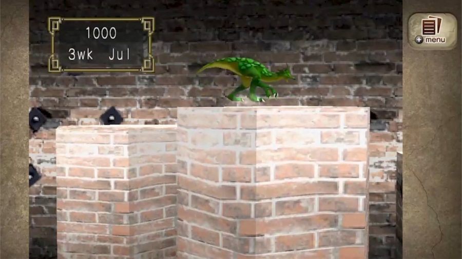 A green dinosaur running across a wall