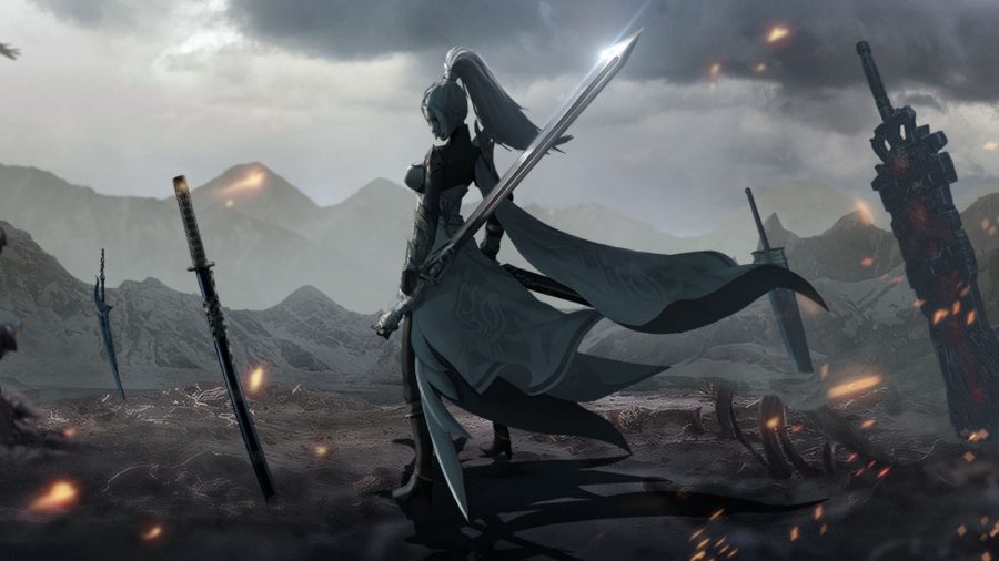 ミラージュ：戦争で荒廃した暗い風景の前に剣を持って立っていた完璧なスカイラインのキャラクター