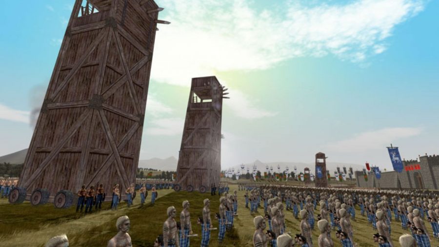 Civilization、Rome Total Warなどのゲームのスクリーンショットで、包囲中に歩兵の塔が太陽を遮っていることを示しています