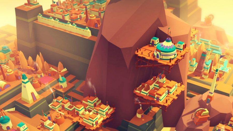 砂漠の崖の面に沿って点在するさまざまな家を示す、Civilizationのようなゲームのスクリーンショット。
