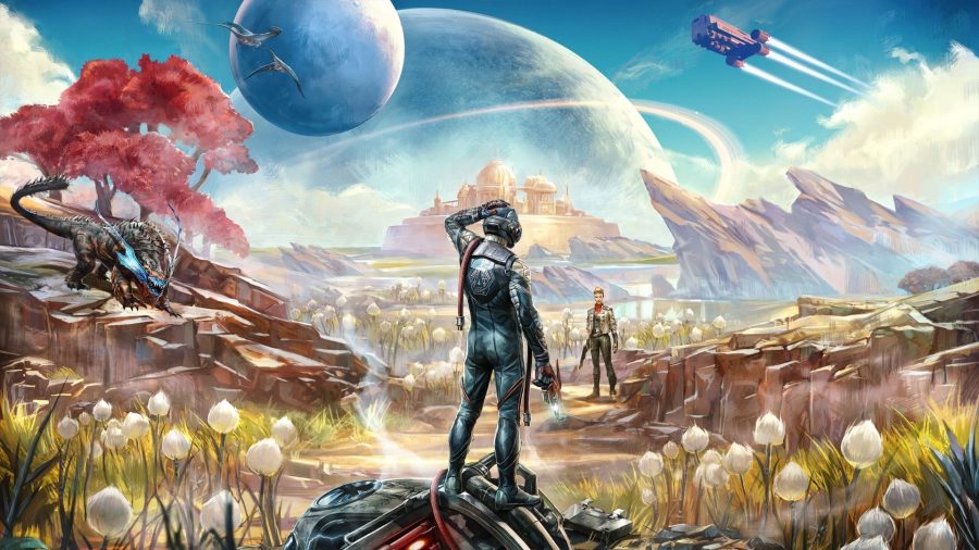 Skyrimのようなゲームのアートで、スカイラインに巨大な惑星があり、幻想的な植物でいっぱいの広いシーンを見ている男性を示しています。