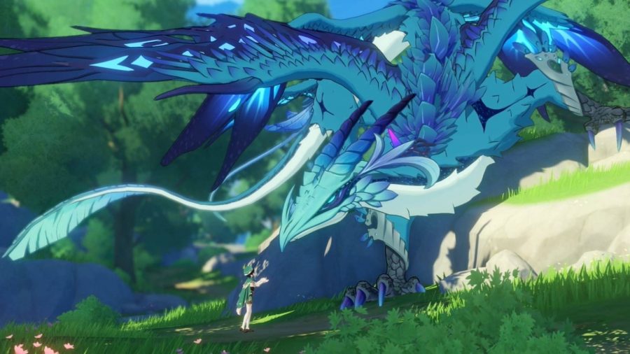 巨大な青いドラゴンを撫でる原神インパクトのキャラクター。