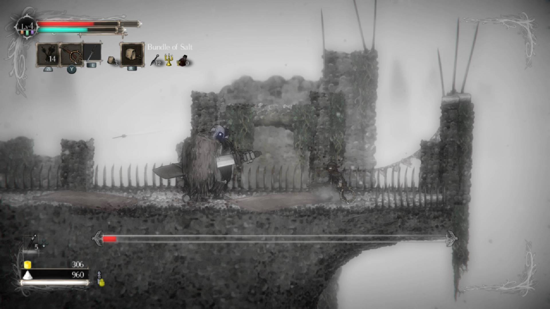暗いシーンは、小さなキャラクターが巨大な騎士と戦っているところを示しています