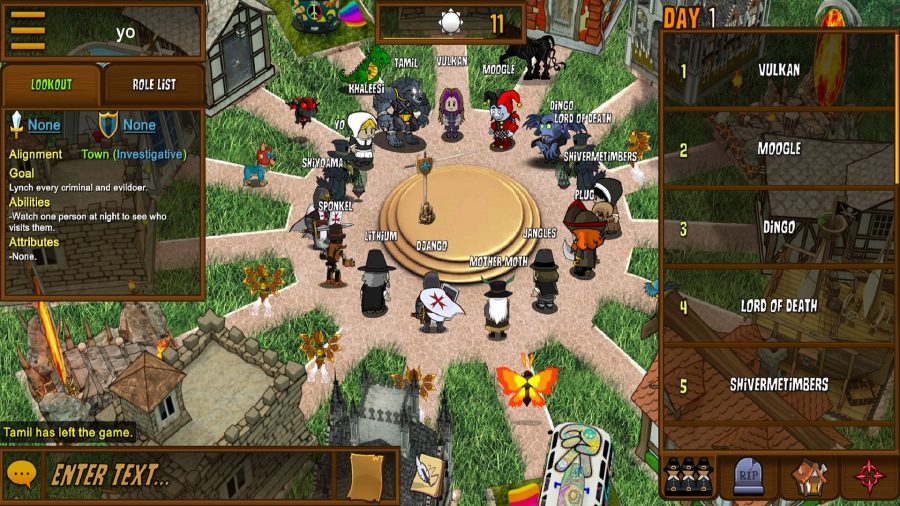 タウンオブセイラムのスクリーンショット。村の中心にある円の中に複数のキャラクターが写っています。