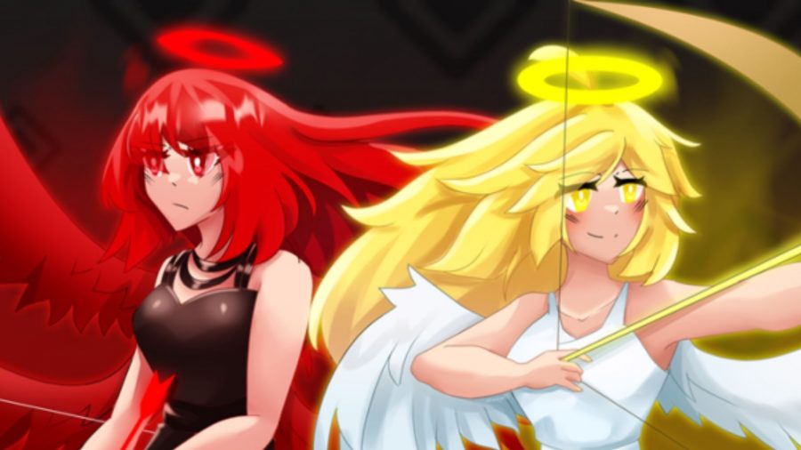 二人の女性、天使の羽と光輪を持った金髪の女性、弓を振るう、そして赤い光輪、赤い翼、そして剣を持った赤い髪の女性。