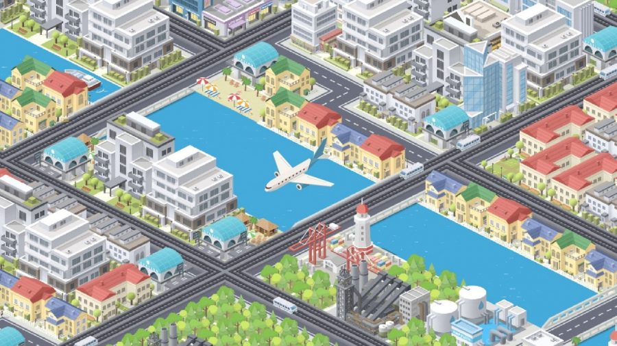 ポケットシティのスクリーンショット。都市の上空を飛んでいる飛行機を示しています。