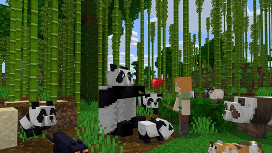 竹に囲まれたパンダと遊ぶキャラクターを示すMinecraftのスクリーンショット。