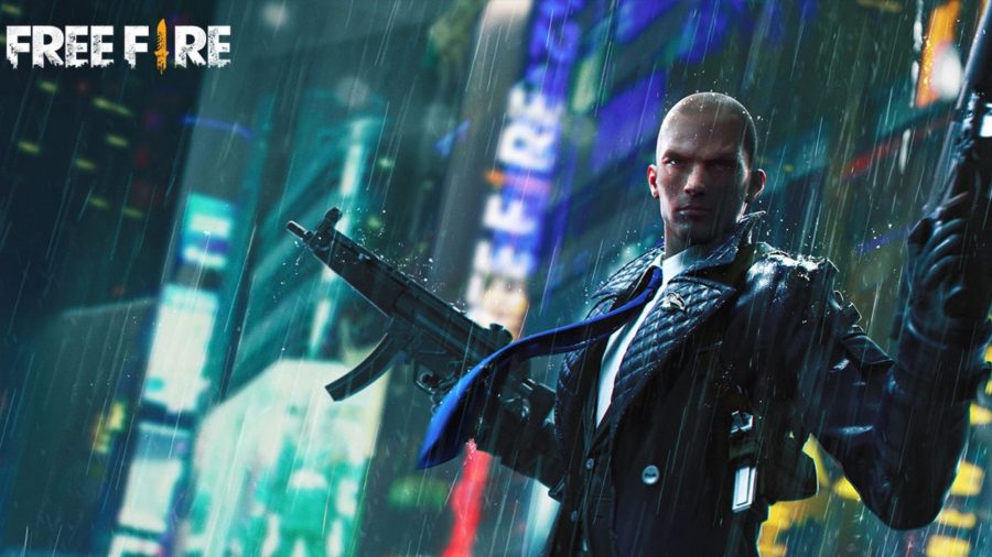 バトルロワイヤルゲームのGarenaFreeFireのアートで、雨の中でスーツを着て、後ろにネオンサインが付いた2台のマシンガンを腰に当てたハゲ男を示しています。