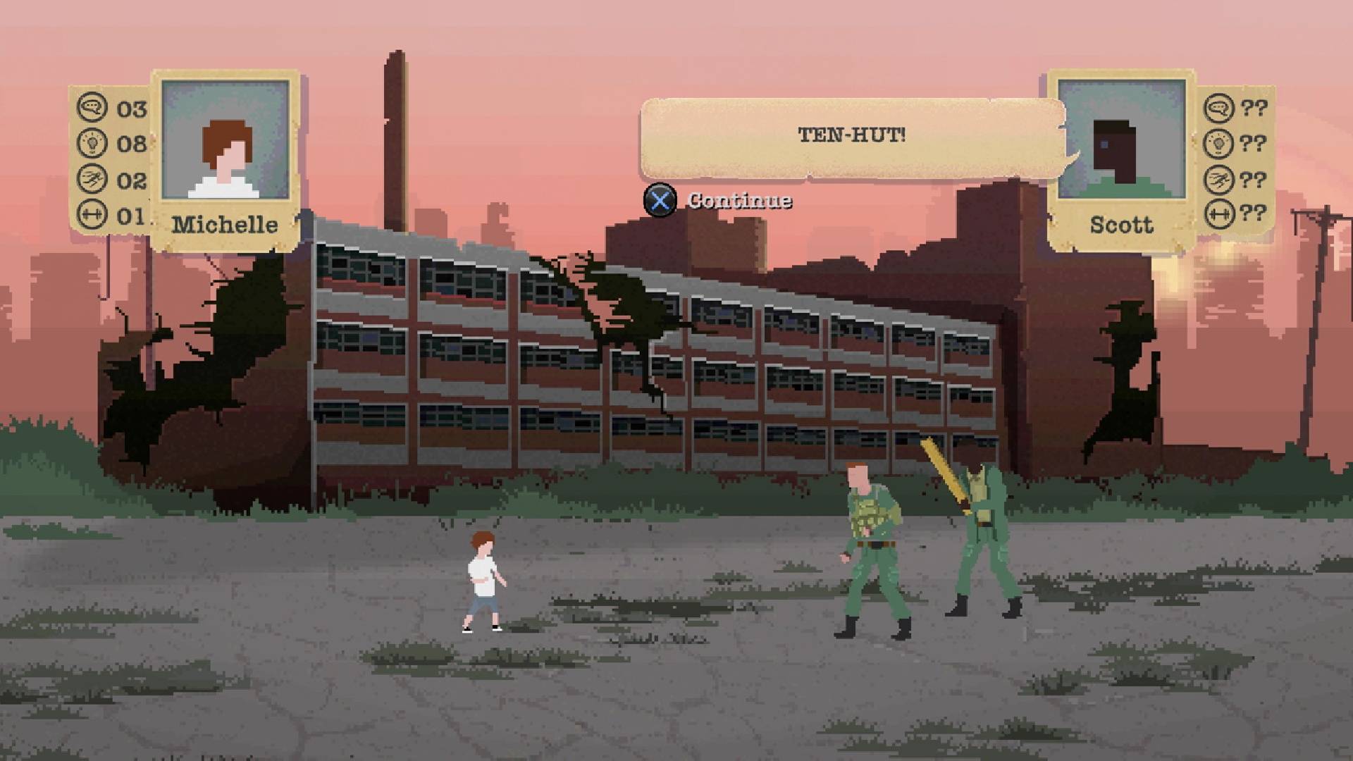 最高のポスト黙示録的なゲーム。 ピクセル化された不気味なシーンは、兵士の衣装を着た2人のキャラクターと戦っている子供を示しています