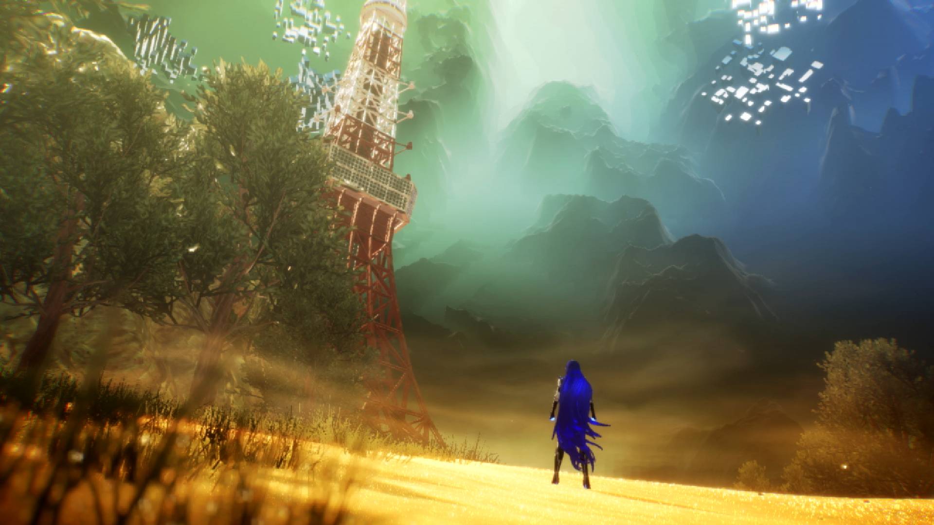 最高のポスト黙示録的なゲーム。 長い青い髪のキャラクターが、砂が地面を覆い、その前の雲を貫く背の高い構造物の残骸がある人けのないエリアを見渡しています。