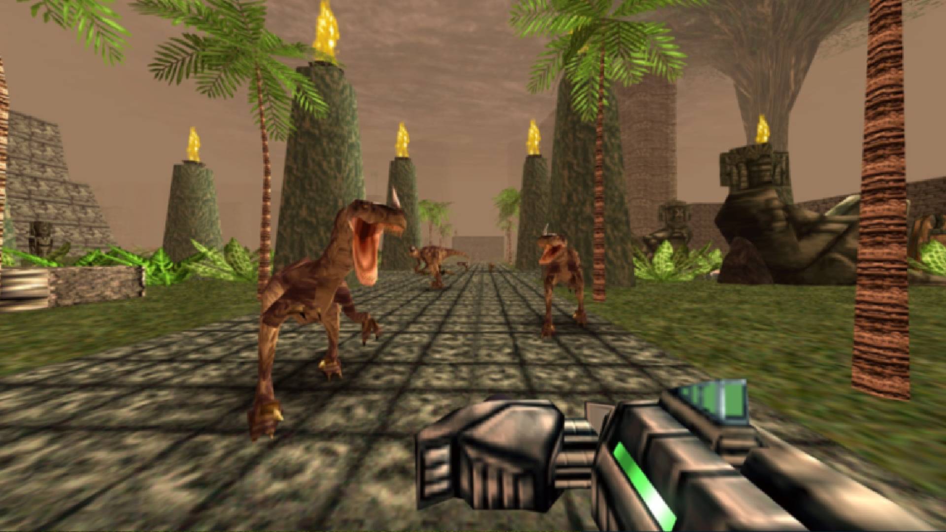 最高の恐竜ゲーム：FPSビューは、プレイヤーが銃を持って恐竜に直面していることを示しています 