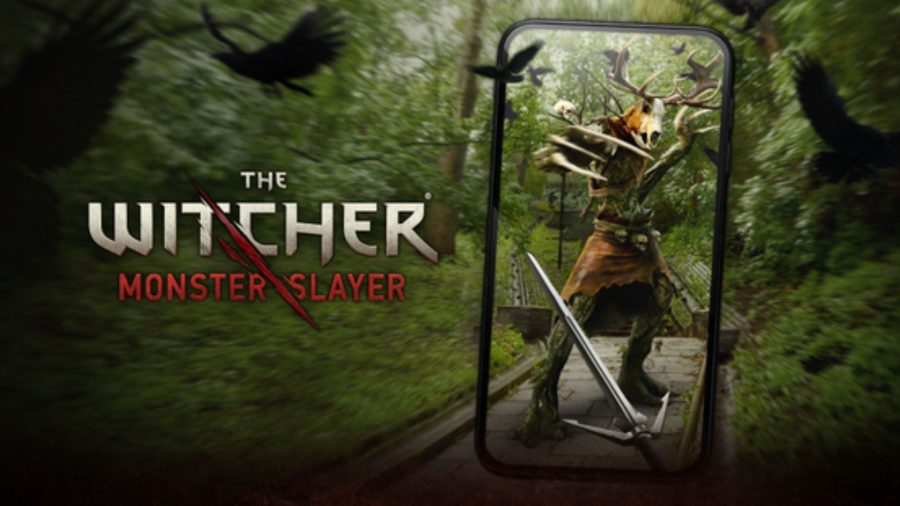 森の背景に、電話の横にThe Witcher：MonsterSlayerのロゴが付いた鹿のようなヒューマノイドモンスター。