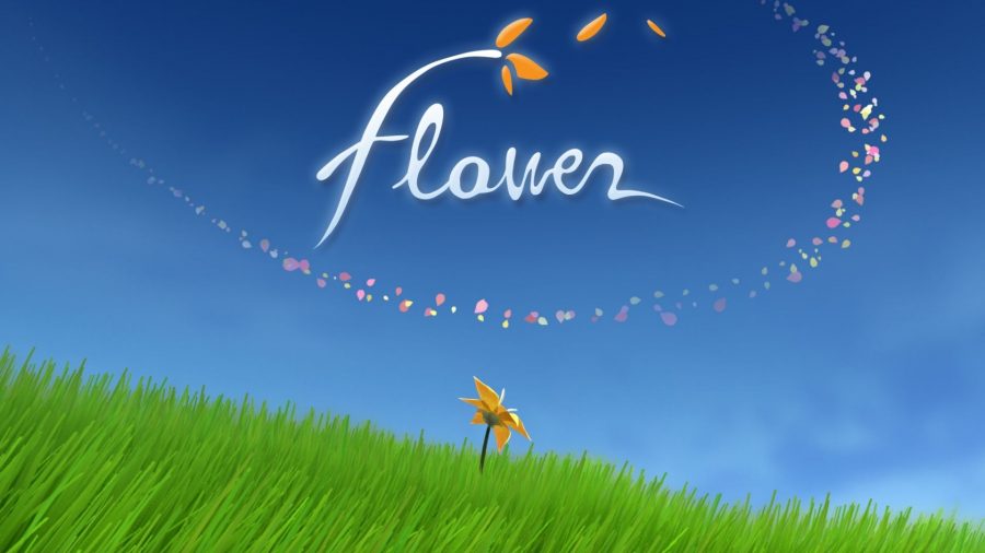 ゲームの花のアート。草が茂った飛行機の1つの花の上にロゴが表示され、その上に花びらが風に吹かれています。