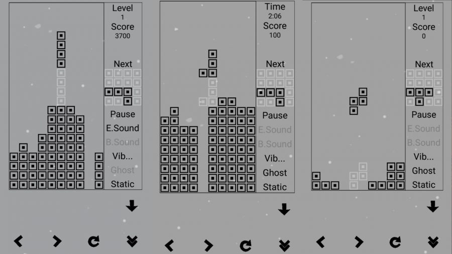 多くのテトリスゲームの1つ、クラシックブロック、シンプルなグレースケールのテトリス。 ゲームの途中で3つの画面があり、ブロックがグリッドに分類され、さまざまなスコアとメニューオプションがあり、下部にタッチコントロールがあります。