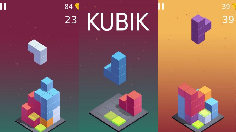 多くのテトリスゲームの1つ、テトリスの3DバージョンであるKubik。 画像には3つの画面が表示されており、それぞれがテトリスブロックで構築された3Dタワーを示しています。  Kubikのロゴは中央の画面の中央にあります。