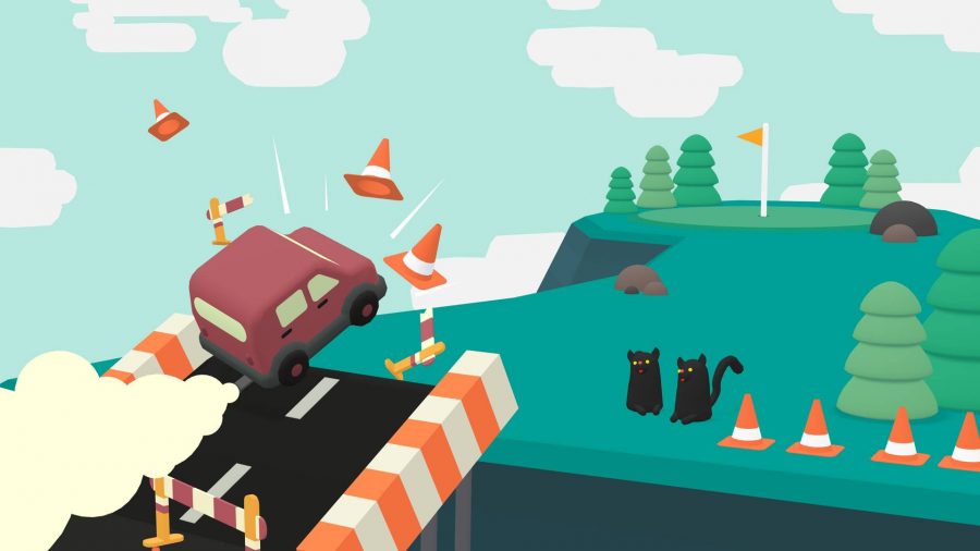 面白いゲーム：車がランプから空中に飛び出し、錐体を壊し、猫をかろうじて避けます 