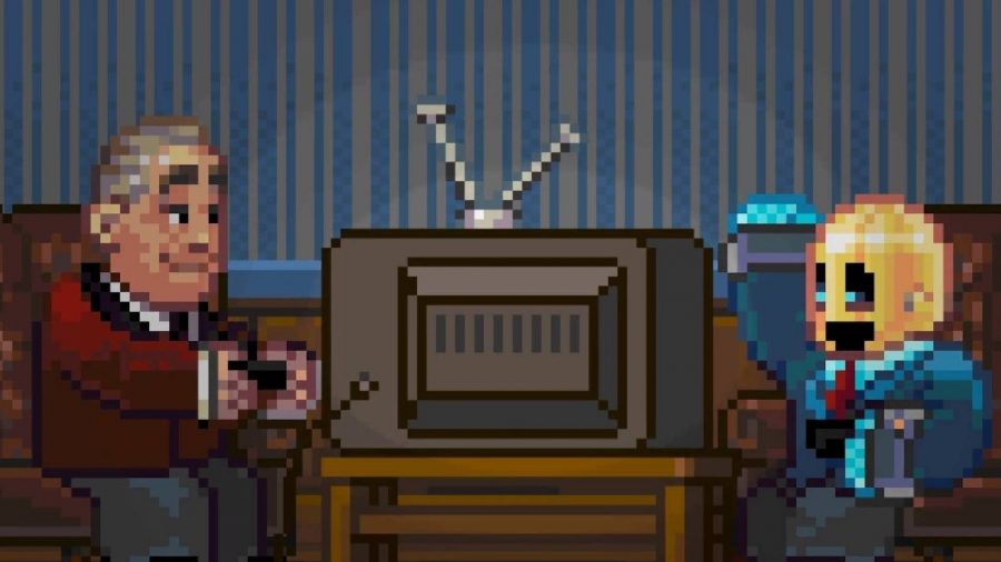 面白いゲーム：ピクセル化されたシーンは、シルクハットを着たロボットがローブを着た男性と一緒に座っている様子を示しています。