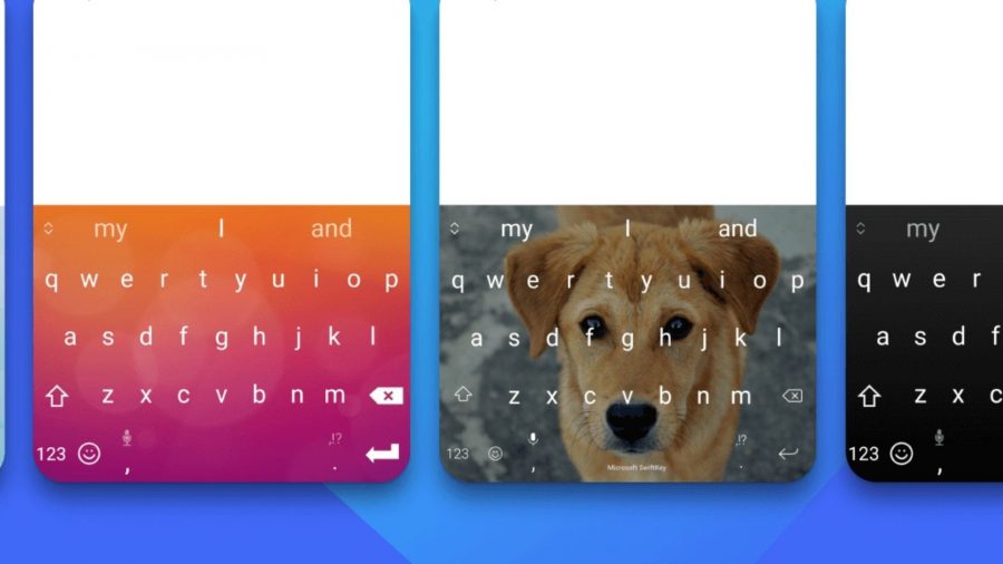Swiftkeyのプロモショット。さまざまなテーマのさまざまな携帯電話のキーボードを示しています。1つはグラデーションオレンジ、1つは黒、もう1つは犬の写真です。