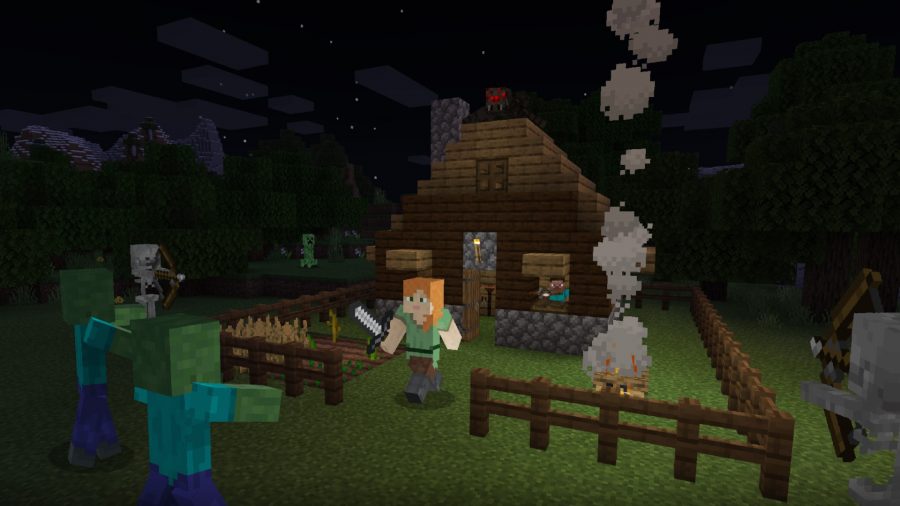 Minecraftのダウンロード-ピケットフェンスの家を出て夜に入り、家の外でゾンビと戦うアバター