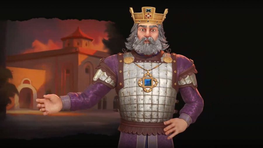 シヴィライゼーション6世のバシレイオス2世。銀の髪とあごひげ、黄金の冠、紫と銀の鎧を身に着けた男。