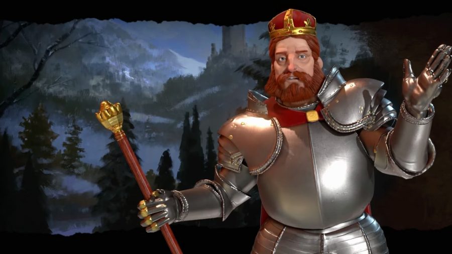 Civilization6のFrederickBarbarossaは、完全な金属製の鎧を身に着け、大きなものを持っており、頭に金と赤の王冠があります。 彼は生姜の髪と大きなあごひげを持っています。
