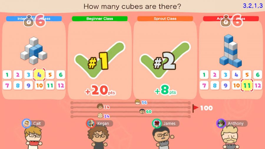 かっこいい数学ゲーム：4人用のゲームが表示されます。このゲームでは、形を構成する立方体の量を全員が数える必要があります。