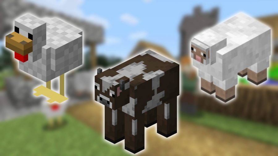 Minecraftのモブ：Minecraftのスクリーンショットが背景にあり、前景にはMinecraftバージョンの鶏、牛、羊の画像が表示されています