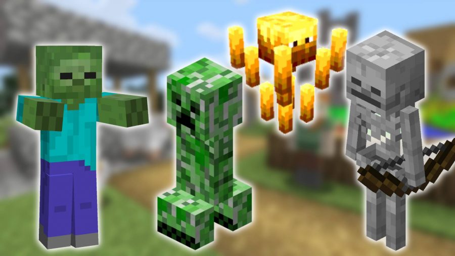 Minecraftのモブ：Minecraftのスクリーンショットが背景にあり、前景には、ゾンビ、スケルトン、クリーパーと呼ばれる緑の敵、ブレイズと呼ばれる浮遊炎の敵のMinecraftバージョンの画像が表示されています。