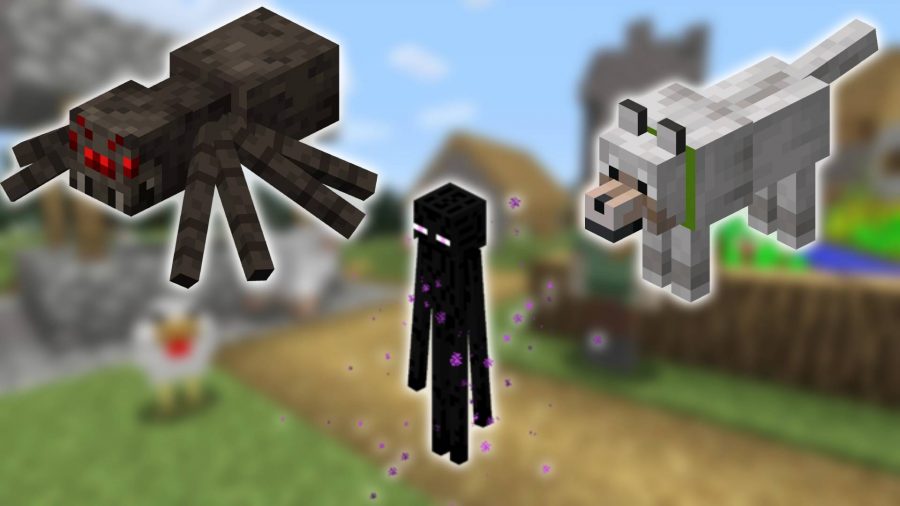 Minecraftのモブ：Minecraftのスクリーンショットが背景にあり、前景にはオオカミ、クモ、エンダーマンとして知られる背の高い黒い敵のMinecraftバージョンの画像が表示されています