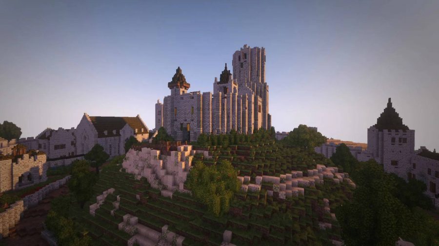 Minecraftサーバー：Minecraftの世界のスクリーンショットは、Minecraftエンジン内に構築された大聖堂のような大きな建物を示しています