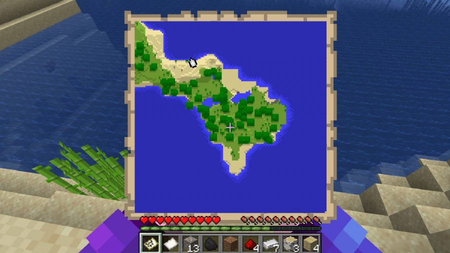Minecraftマップ：ゲームのスクリーンショットMinecraftは、マップを保持しているプレーヤーを示し、その場所の詳細な説明を示しています 