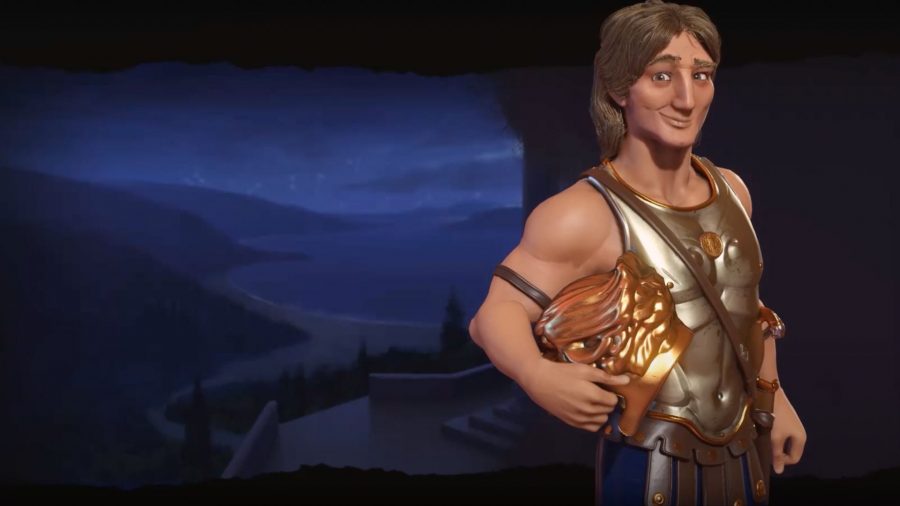 Civilization 6のAlexanderは、ブロンドの髪、腕の下にヘルメット、金属製の鎧の胸当てを持った男です。