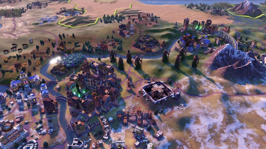 Civilization 6のゲームの地図の写真。地図は六角形のタイルでできており、草、砂、雪などさまざまなもので覆われています。 上部には、実物よりもはるかに大きく見える、縮尺が合っていないさまざまな建物やキャラクターがあります。 超リアルなボードゲームのようです。